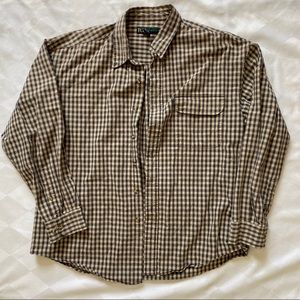 beige and blue flannel shirt